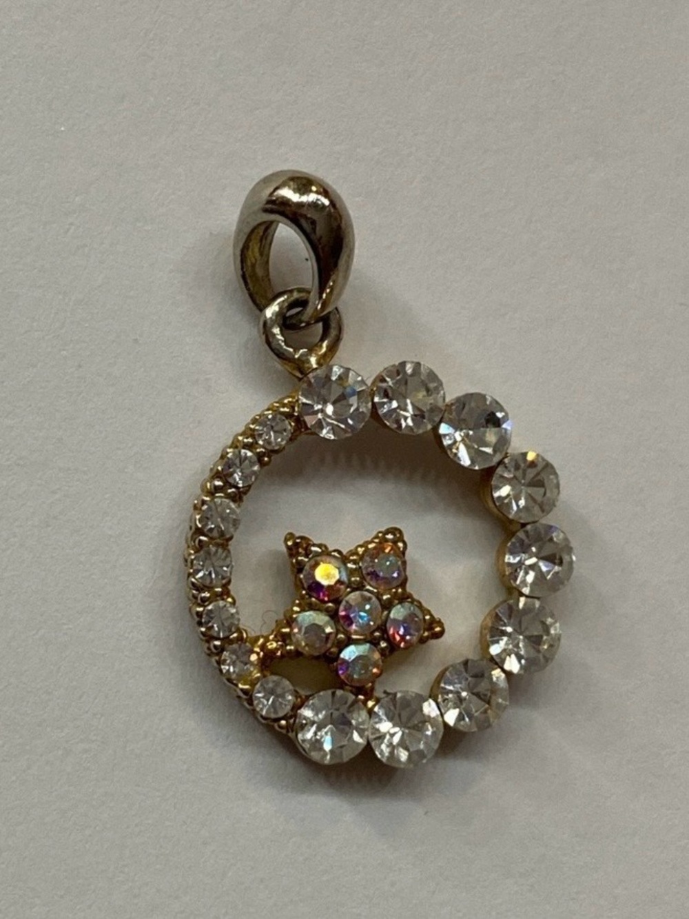 Gold-Tone Crystal Star Circle charm pendant Clear Aurora Borealis Rhinestones